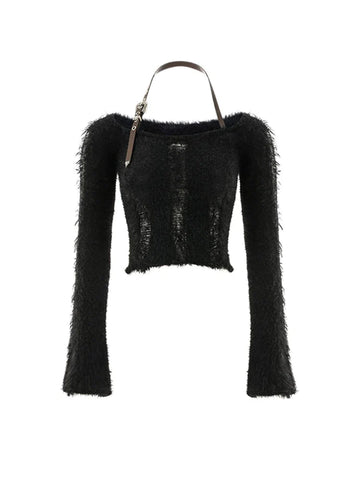 Getadme 4 Fall Woman 2000s Gyaru Coquette Halter Crop Top Pullovers Slash Neck Jumper Fluffy Sweater Design Knitwears Y2K Hot Sexy Kawaii